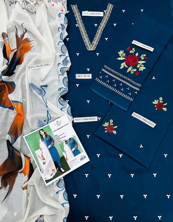 3 Pcs Women's Unstitched Embroidered Suit - Image 2