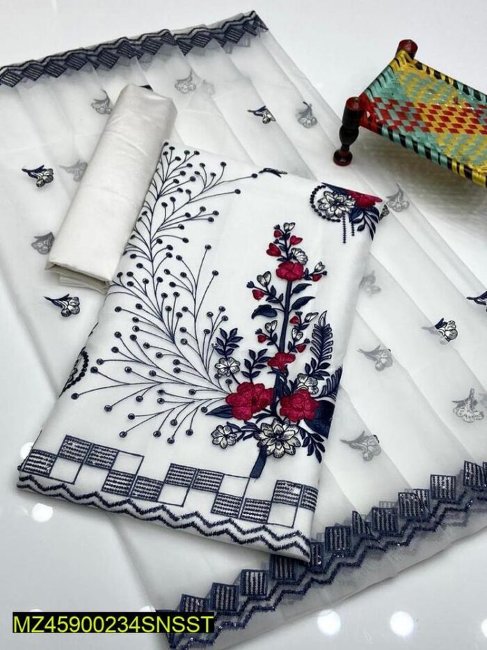 3 Pcs Women's Unstitched Organza Embroidered Suit - Image 2